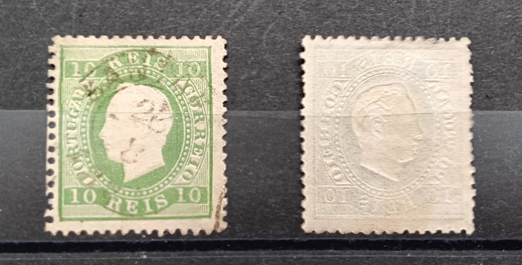 葡萄牙 1880 - 10雷伊斯邮票，D.Luis I，直带，新颜色，齿孔12 1/2，绿色蓝色。 - Mundifil. Numero 49 D. #3.2