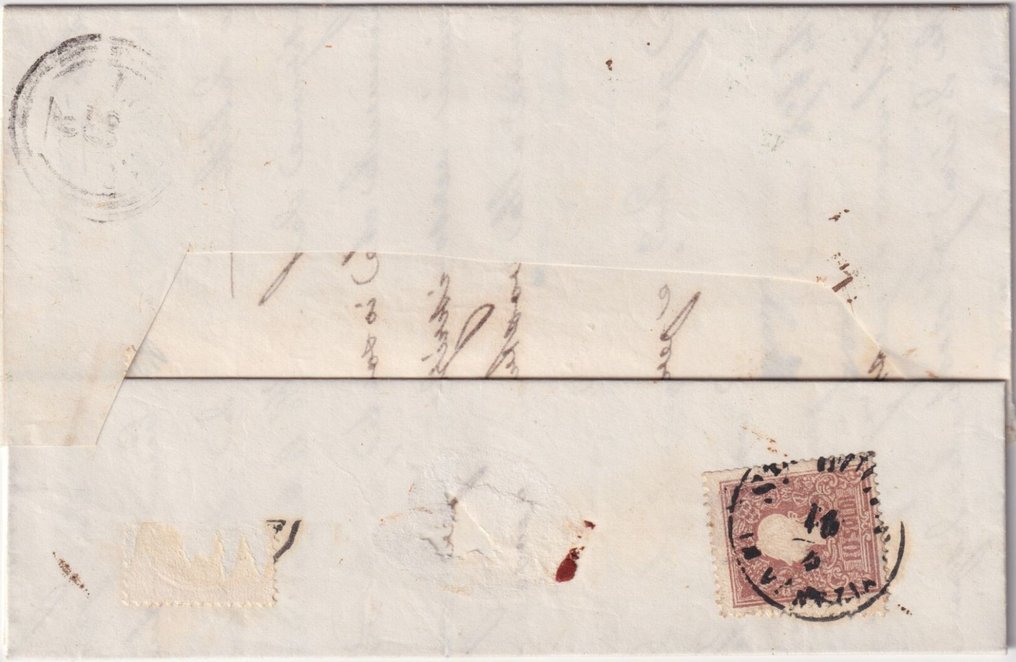 意大利古國－倫巴第-威尼托王國 1862 - 28 设特，伦巴第-威尼托，10秒 + 10秒，逆向萨斯，31通过挂号信从威尼斯寄往隆吉罗。 #1.0