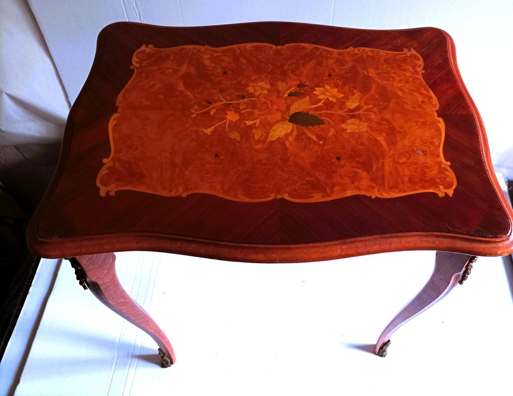 Side table - Oak, cherry, and olive root - Marquetry and bronze #2.1