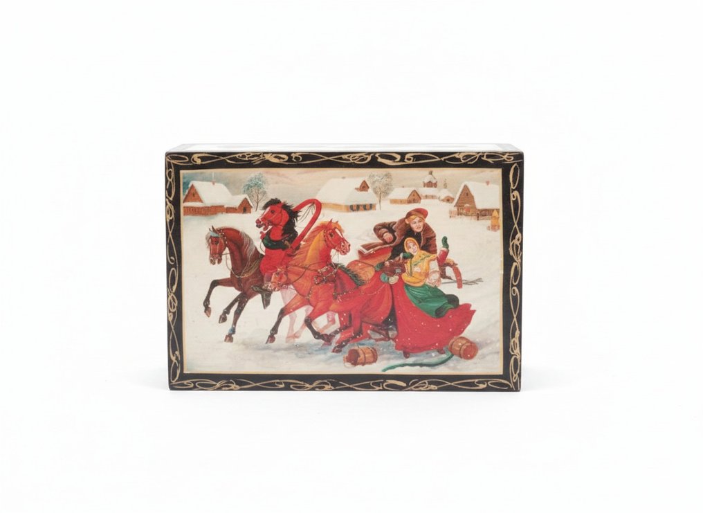 Fedoskin, Palekh  Mstera Kholui. - Κουτί - Τρόικα - συμπιεσμένο χαρτί - Σοβιετικό χειροποίητο κουτί ζωγραφισμένο με το χέρι. #1.0