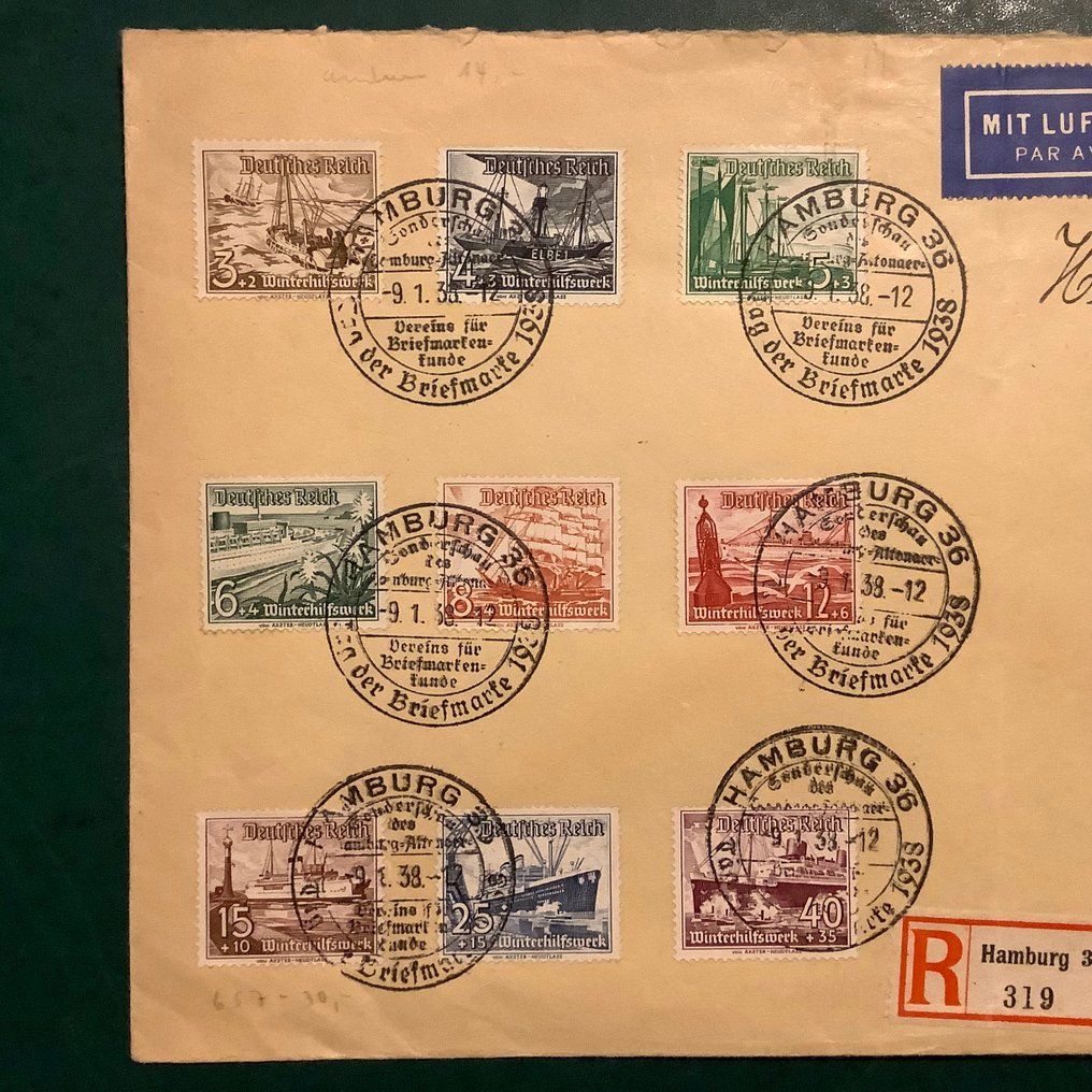 Duitse Rijk 1937 - Winterhulp - schepen : volledige emissie op aangetekende brief - Michel 651/659 #1.0