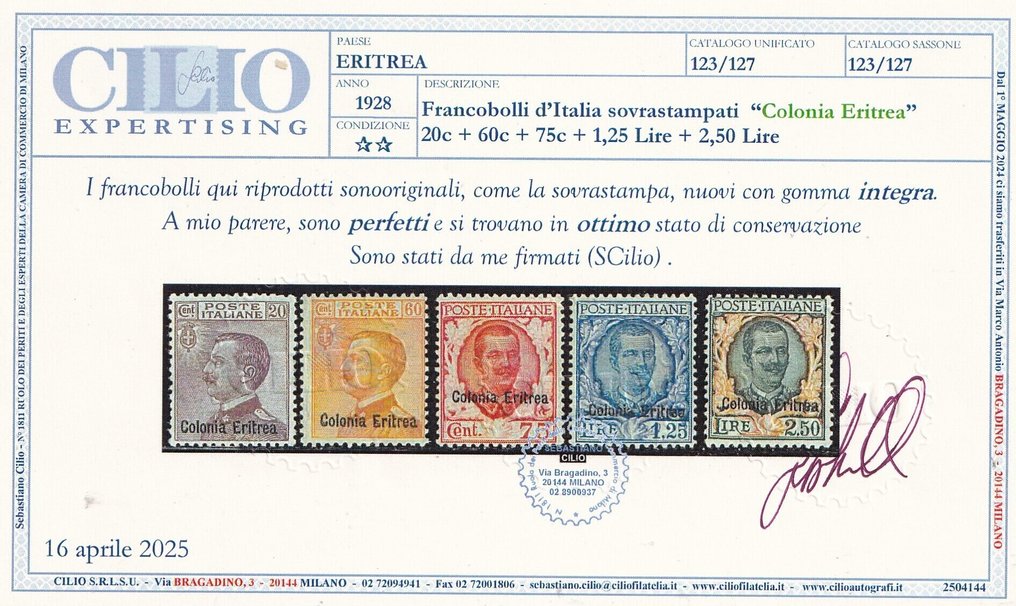 Olasz Eritrea 1928/1929 - Olaszország bélyegzők, felülnyomva 'Colonia Eritrea' felirattal, nn.123/127.MNH**. Spl. Katalógus - Sassone s.26 #2.1