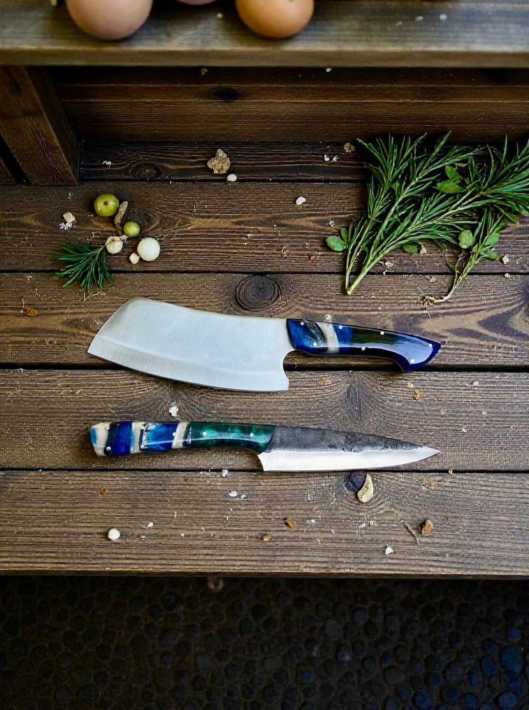 Set of TWO, Hand-Forged with Old Steel, Japanese Style Knives from Elite - 厨刀 - Chef's knife - 钢, 木, 精美的两件套，手工锻造的日本古老钢材，复古刀具 - 日本 #4.3