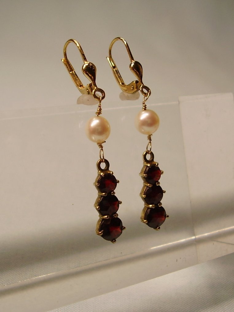 没有保留价 - 耳环 - 8K包金 黄金 -  5.80ct. tw. 石榴石 - 珍珠 - 博姆. 工作 1930/40 #1.0