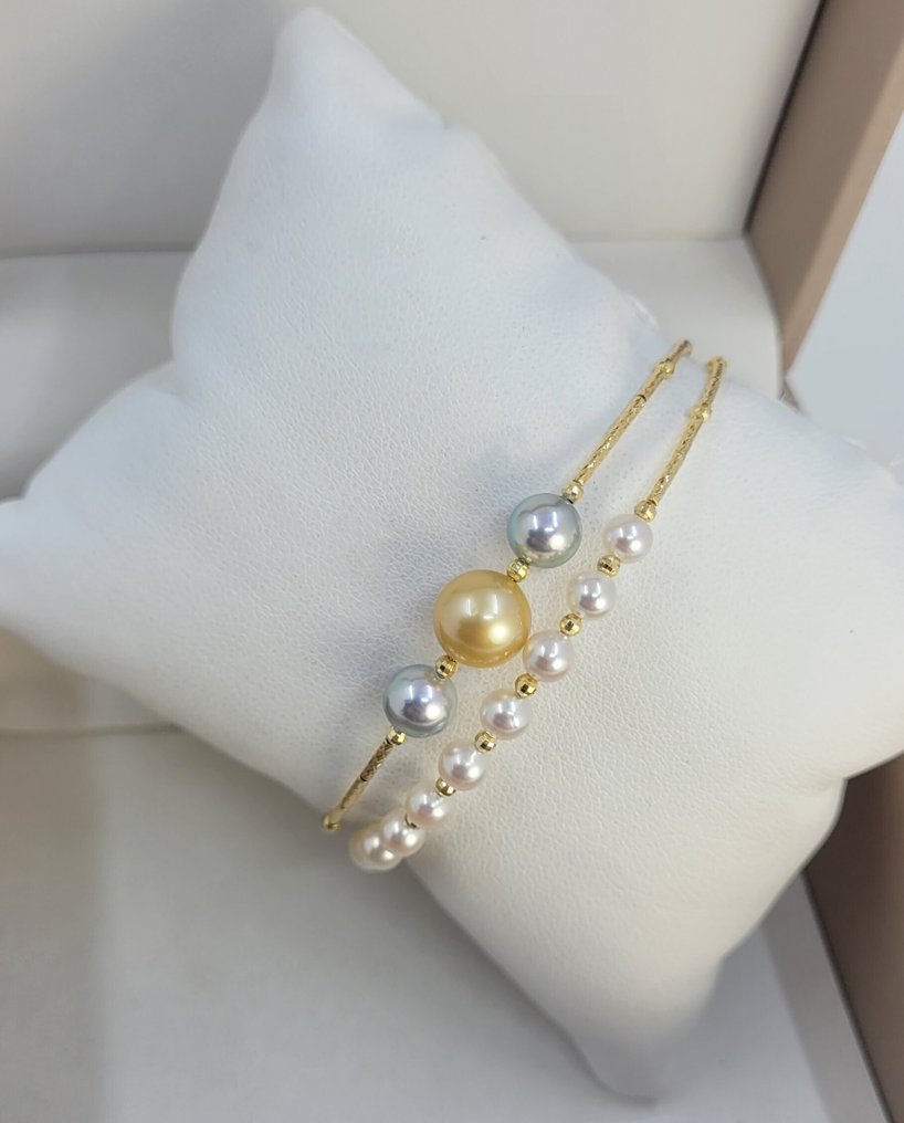 手镯 - 18K包金 黄金 - 4x8.5毫米 Akoya 珍珠 #1.0