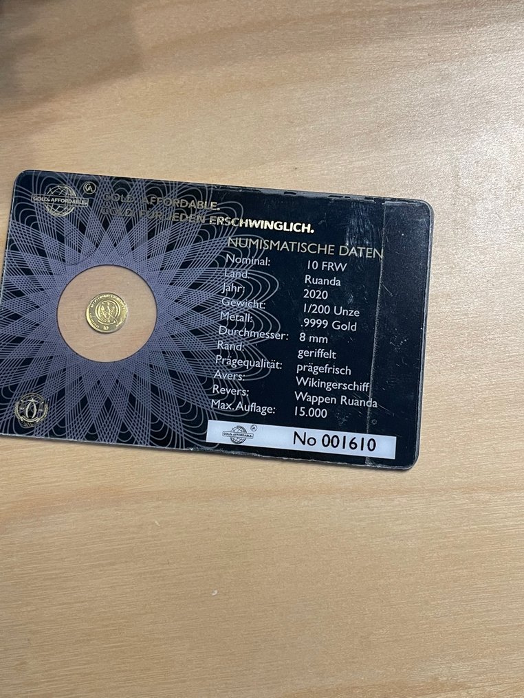 Rwanda. 10 FRW 2020 Goldmünze Wikingerschiff 1/200 Oz.9999 (No reserve price) #3.2