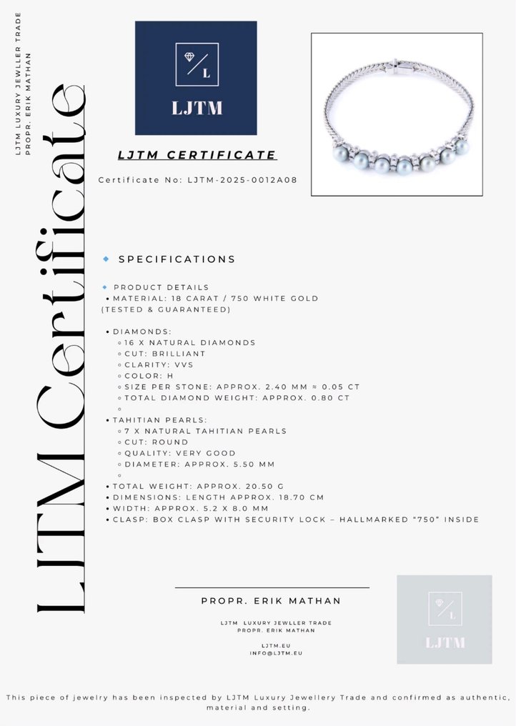 Βραχιόλι τένις - 18 καράτια Λευκός χρυσός -  0.80ct. tw. Διαμάντι (Φυσικό)  - Μαργαριτάρι #1.0