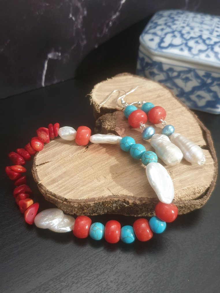 銀, 红珊瑚、白色巴洛克珍珠、绿松石Howlite - 兩件珠寶套裝 #4.3