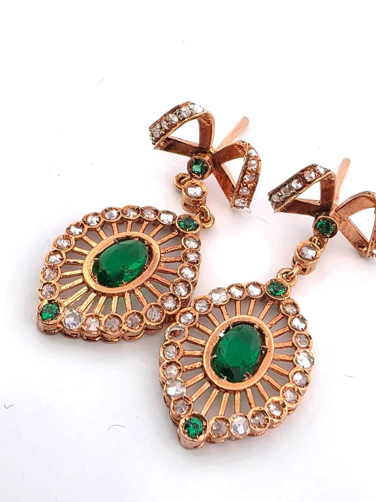 Ingen reservasjonspris - Øredobber - 9 karat Rosegull, Sølv Smaragd - Diamant #2.1