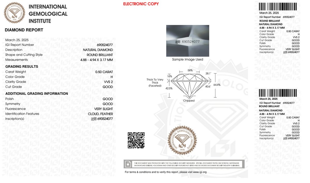 没有保留价 - 1 pcs 钻石  (天然)  - 0.50 ct - 圆形 - H - VVS2 极轻微内含二级 - 国际宝石研究院（IGI） #2.1