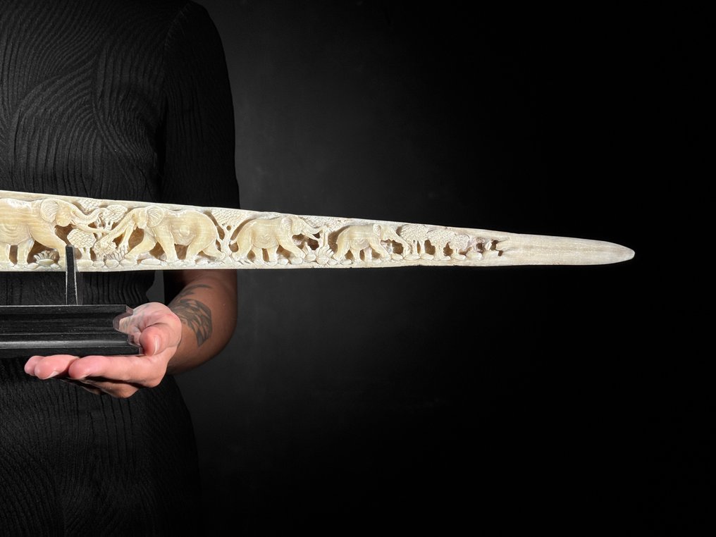 Χωρίς ελάχιστη τιμή - Μεγάλο, λεπτομερές και πατιναρισμένο σκαλιστό κέρατο ξιφία - Μότιφ ελεφάντων. Ρύγχος - Xiphias Gladius - 15 cm - 91 cm - 6 cm- Είδη που δεν ανήκουν στο CITES -  (1) #3.2
