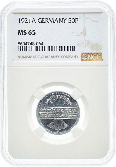 Germany, Weimar Republic 50 Pfennig 1921 - NGC MS65 #1.0