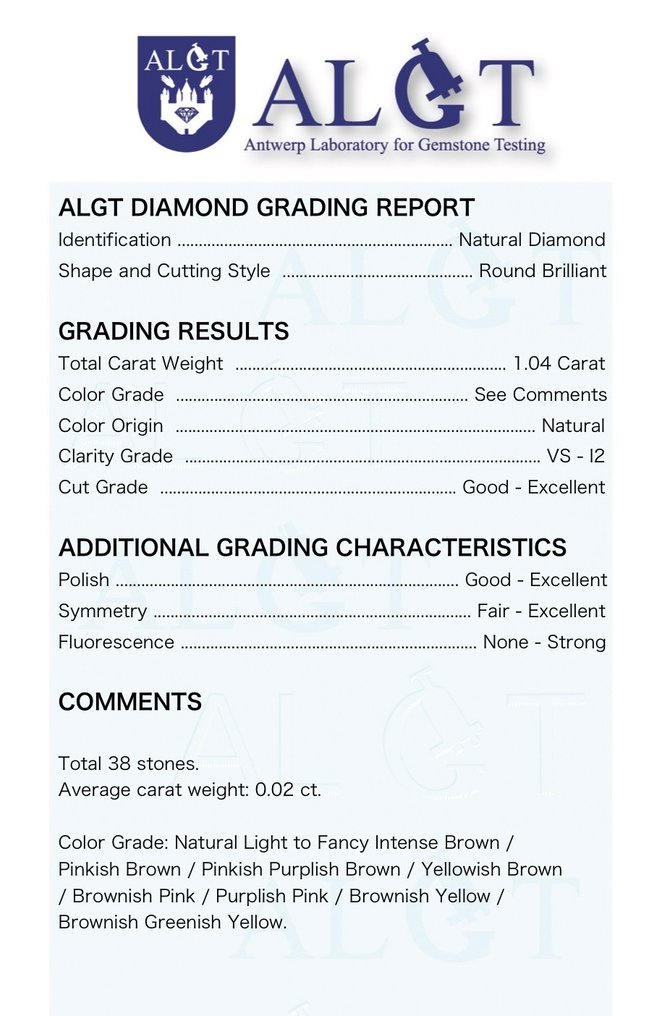 Ohne mindestpreis - 38 pcs Diamant  (Natürlich farbig)  - 1.04 ct - Rund Gemischtes Braun, Gemischtes Rosa - VS1, I2 - Antwerp Laboratory for Gemstone Testing (ALGT) #1.0