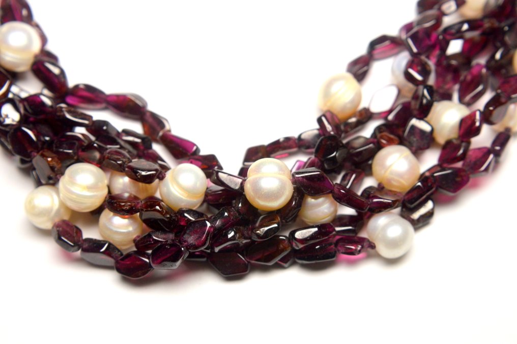 石榴石 - 925银 - 86克 - 红色波希米亚石榴石和白色淡水珍珠 - 项链 #1.0