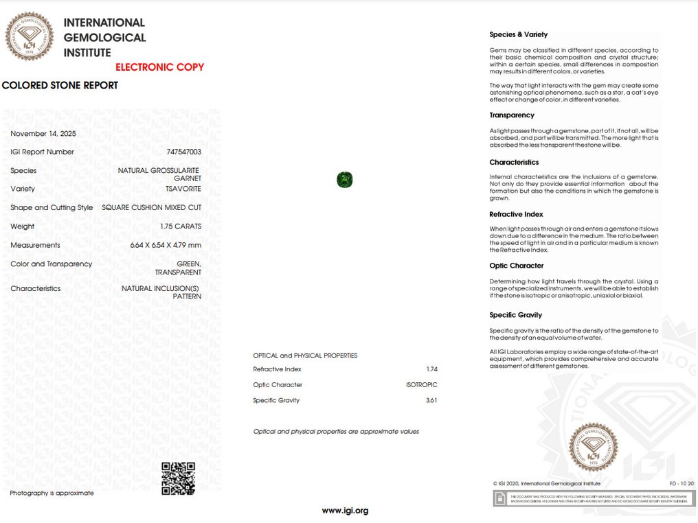 Senza prezzo di riserva - 1 pcs Verde Tsavorite - 1.75 ct - International Gemological Institute (IGI) - TSAVORITE NON RISCALDATA #2.1