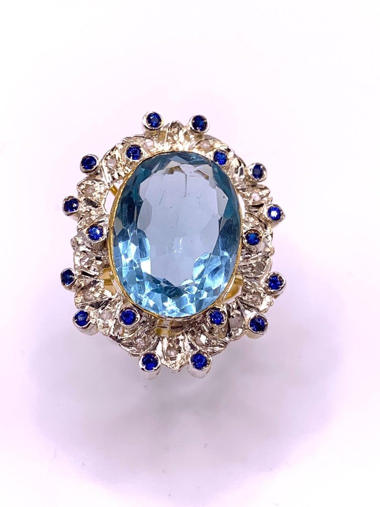 没有保留价 - 鸡尾酒戒指 - 9 kt. 黄金, 银 海蓝宝石 - 蓝宝石 - Diamanti #3.2