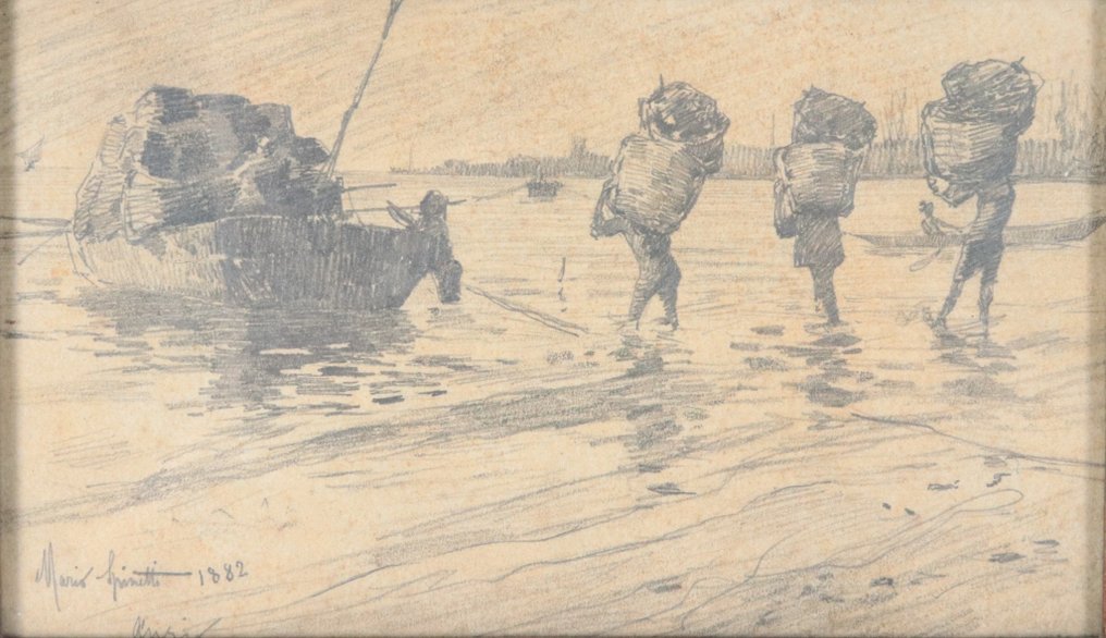 Mario Spinetti (1859-1915) - I pescatori caricano la barca - Anzio 1882 #2.1