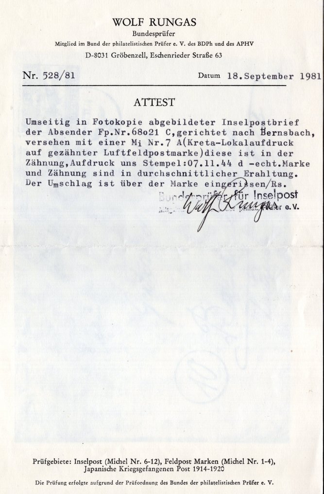 德意志帝國 1944 - 克里特岛邮政在带有证明的信件上 - Michel 7A #1.0