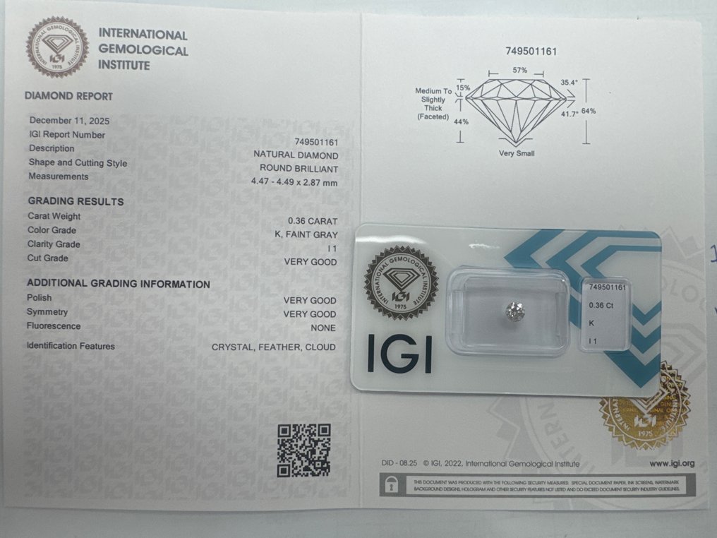 没有保留价 - 1 pcs 钻石  (天然)  - 0.36 ct - 圆形 - K - I1 内含一级 - 国际宝石研究院（IGI） #1.0