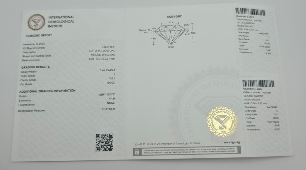 1 pcs 钻石  (天然)  - 0.44 ct - 圆形 - E - VS1 轻微内含一级 - 国际宝石研究院（IGI） #3.2
