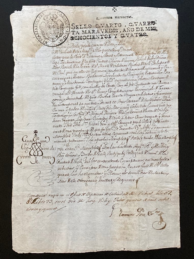 Manuscrito - Año 1804. Manuscrito en catalán. Sello cuarto, Rey Carlos IV. España. Cataluña. - 1804 #1.0