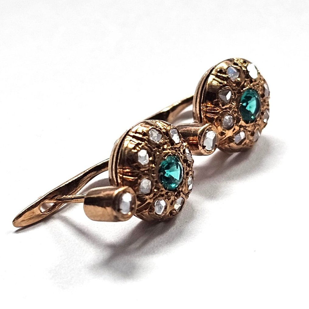 Ingen reservasjonspris - Øredobber - 9 karat Rosegull, Sølv Smaragd - Diamant #1.0