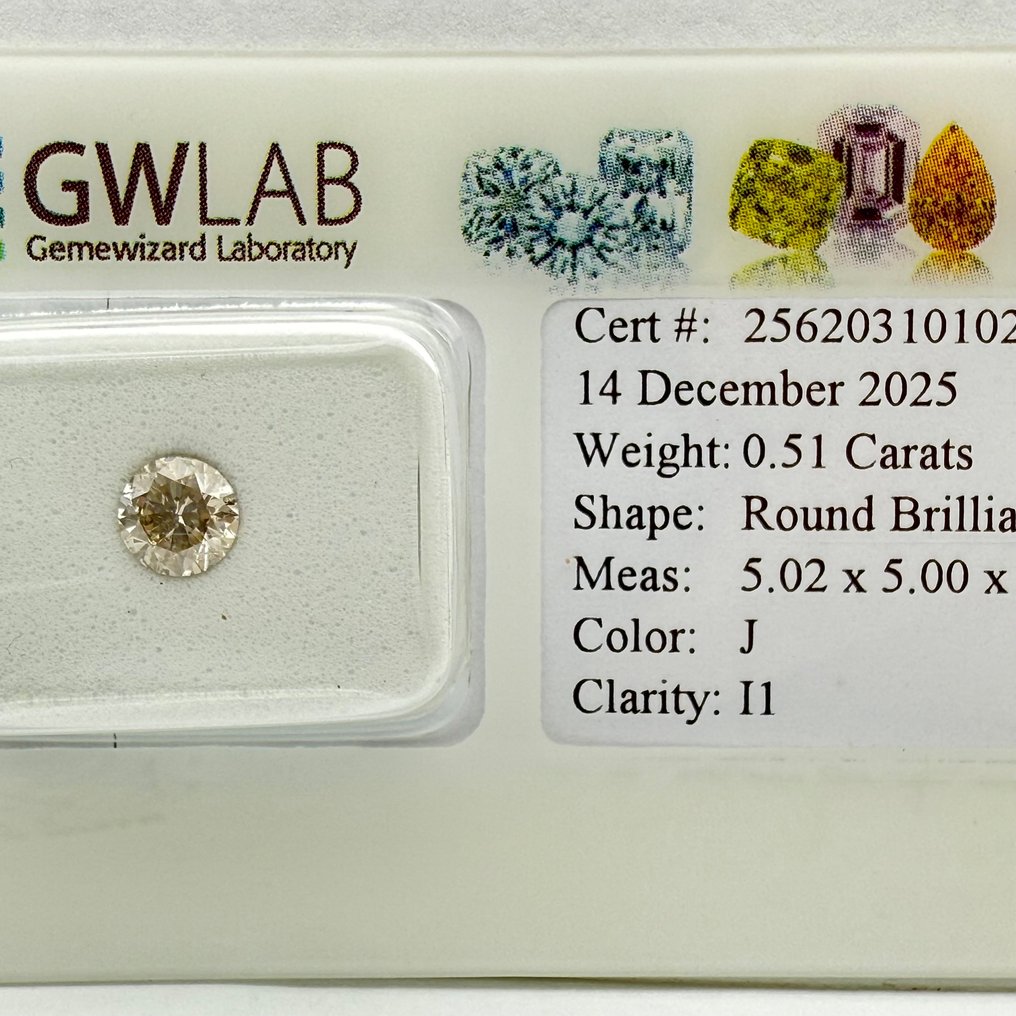 没有保留价 - 1 pcs 钻石  (天然)  - 0.51 ct - 圆形 - J - I1 内含一级 - Gemewizard宝石实验室（GWLab） #1.0