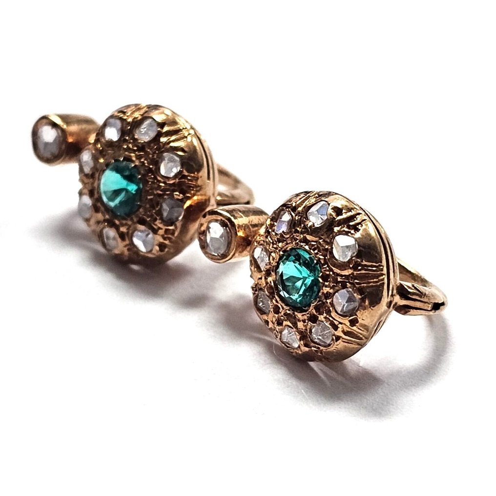 Ingen reservasjonspris - Øredobber - 9 karat Rosegull, Sølv Smaragd - Diamant #2.1