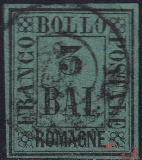 意大利古國－Romagne 1859 - 3 B. 深绿色 Sass 4，边距良好，配以清晰的中心圆，Cert.Raybaudi 奢华。 #1.0