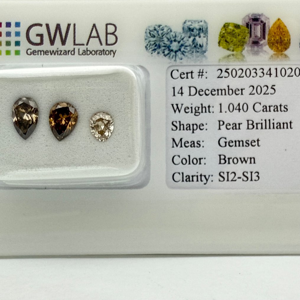 没有保留价 - 3 pcs 钻石  (天然色彩的)  - 1.04 ct - 梨形 棕色 - SI2 微内含二级, SI2 微内三含级 - Gemewizard宝石实验室（GWLab） #1.0