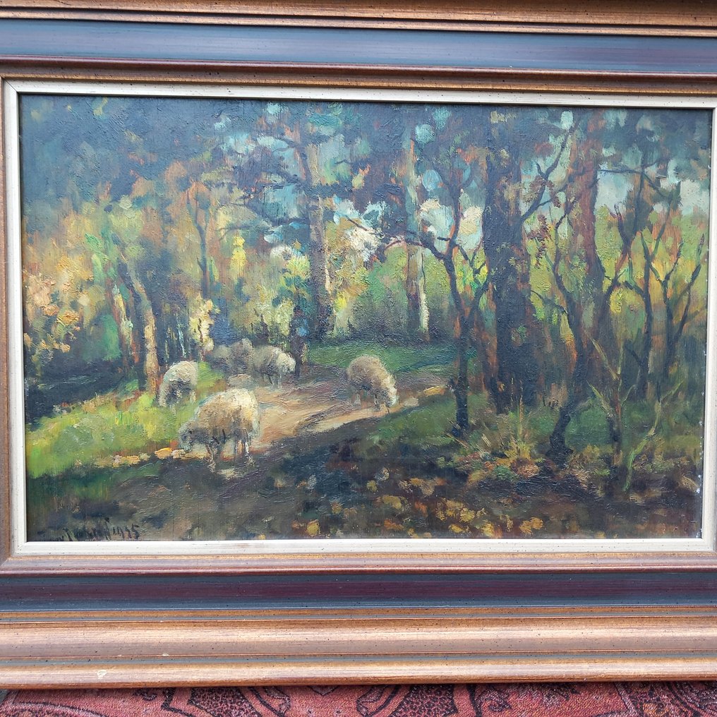 Jan J van der Stap (1874-1940) - Boslandschao met herder en schapen. #2.1