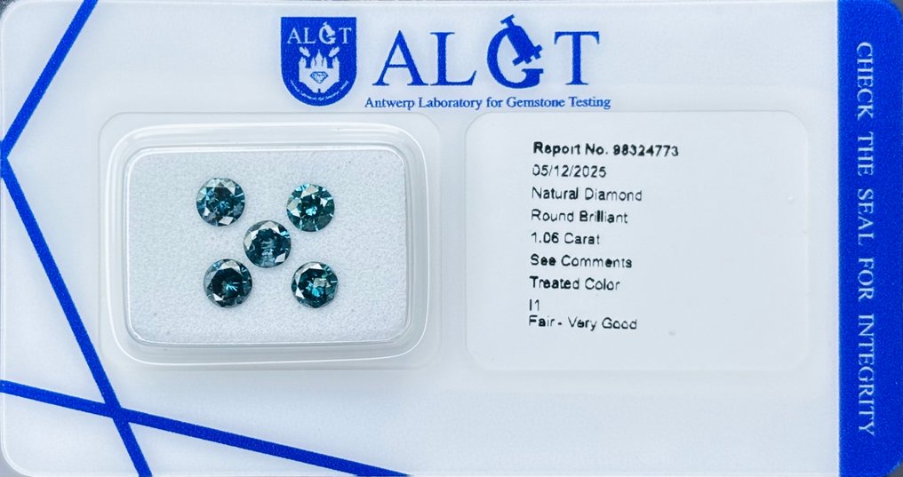 Bez ceny minimalnej
 - 5 pcs Diament  (Poddany obróbce barwy)  - 1.06 ct - okrągły - Fancy vivid Niebieski - I1 (z inkluzjami) - Antwerp Laboratory for Gemstone Testing (ALGT) #1.0