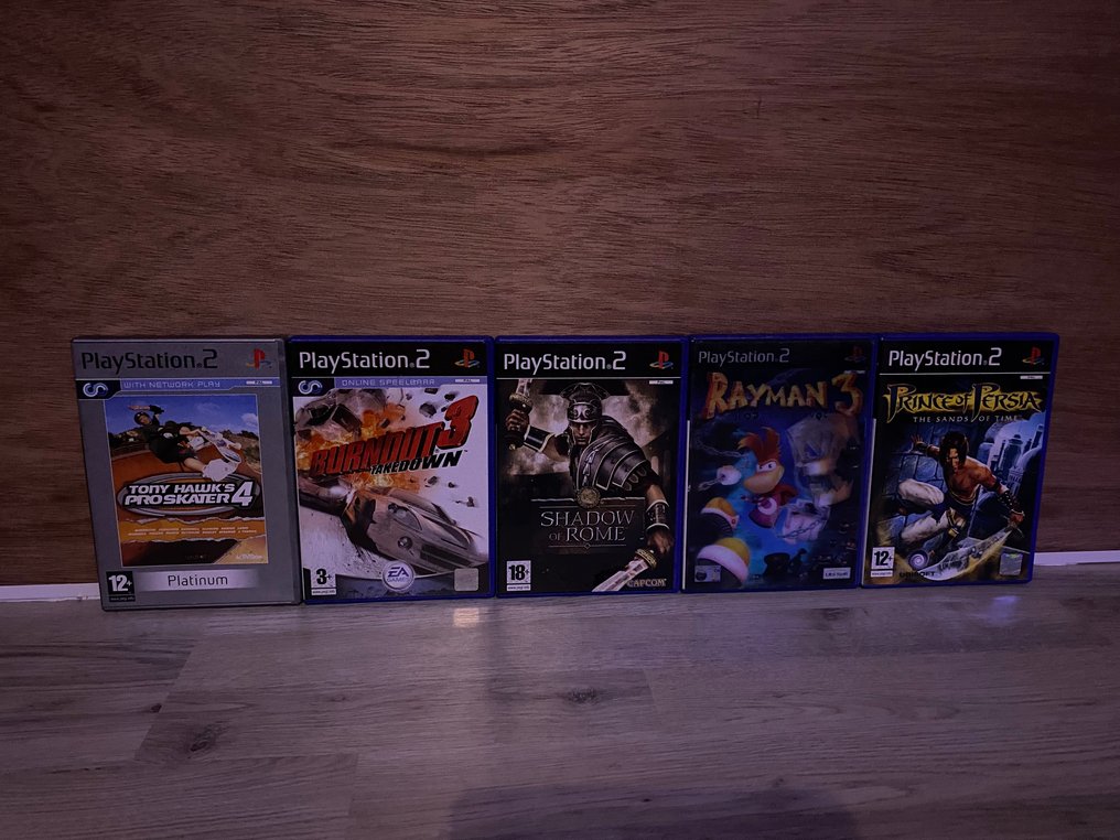 Sony - Playstation 2 (PS2) - Tony Hawks Pro Skater 4; Burnout 3: Takedown; Shadow of Rome; Rayman 3; Prince of P The Sands - Videospil - I original æske #1.0