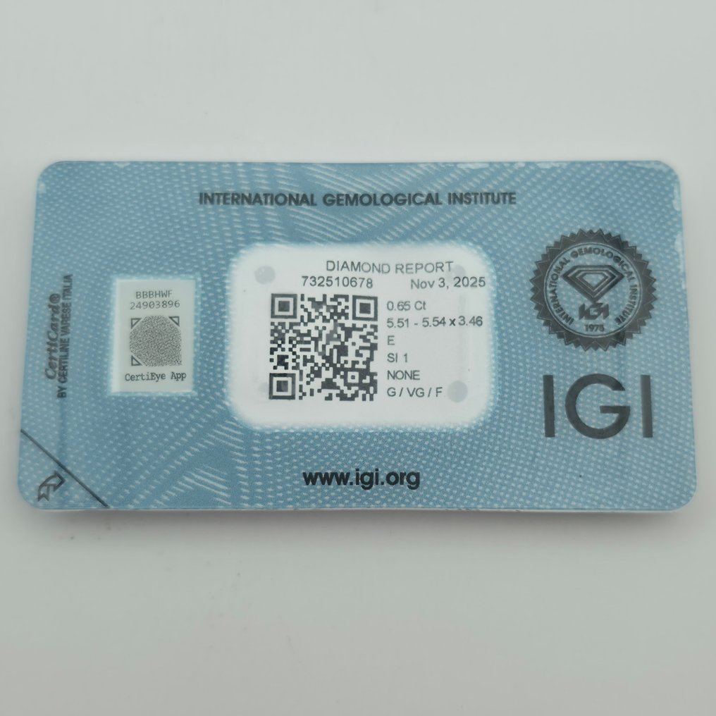 1 pcs 钻石  (天然)  - 0.65 ct - 圆形 - E - SI1 微内含一级 - 国际宝石研究院（IGI） #2.1
