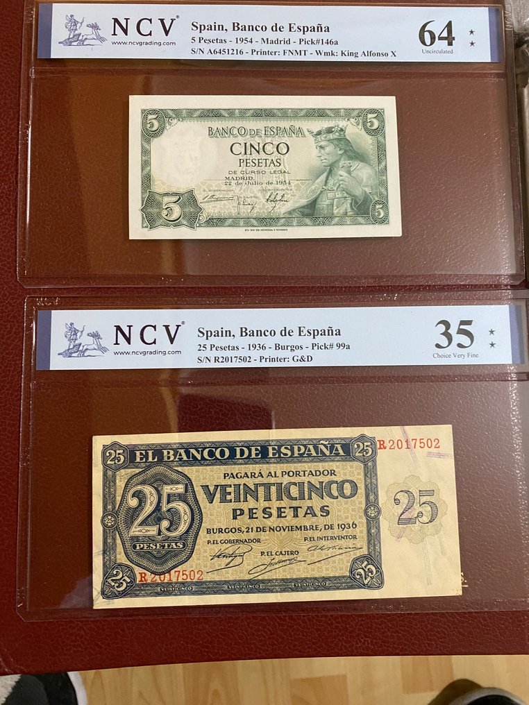 Espanha. - 5 Pesetas 1954 and 25 Pesetas 1936 - Pick 146a and 99a (Sem preço de reserva) #3.2