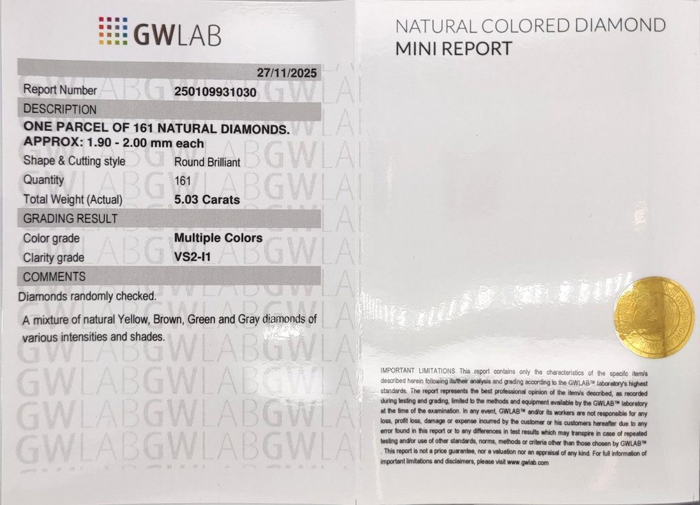 沒有保留價 - 161 pcs 鑽石  (天然彩色)  - 5.03 ct - 圓形 混色 - I1, VS1 - Gemewizard Gemological Laboratory (GWLab) #3.2