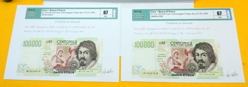 Italia. - 4 x 100.000 Lire 1994-1997 "Caravaggio" - Gigante BI 85; Pick 117  (Ei pohjahintaa) #2.1