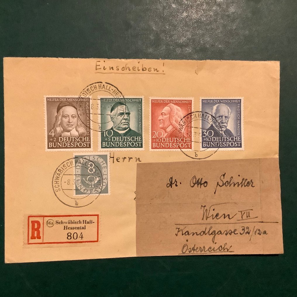 Duitsland, Bondsrepubliek 1953 - Helper der Mensheid IV : volledige emissie op echt gelopen aangetekende zending - Michel 173/176 #1.0
