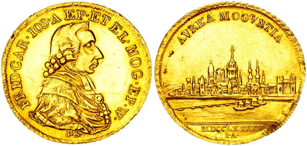 Tyskland, Mainz, erkebispedømmet. Friedrich Karl Joseph von Erthal 1774-1802. Dukat 1795 Mainz 1795, Stadtansicht. Stempel von Jakob Friedrich Stieler, RARE #1.0