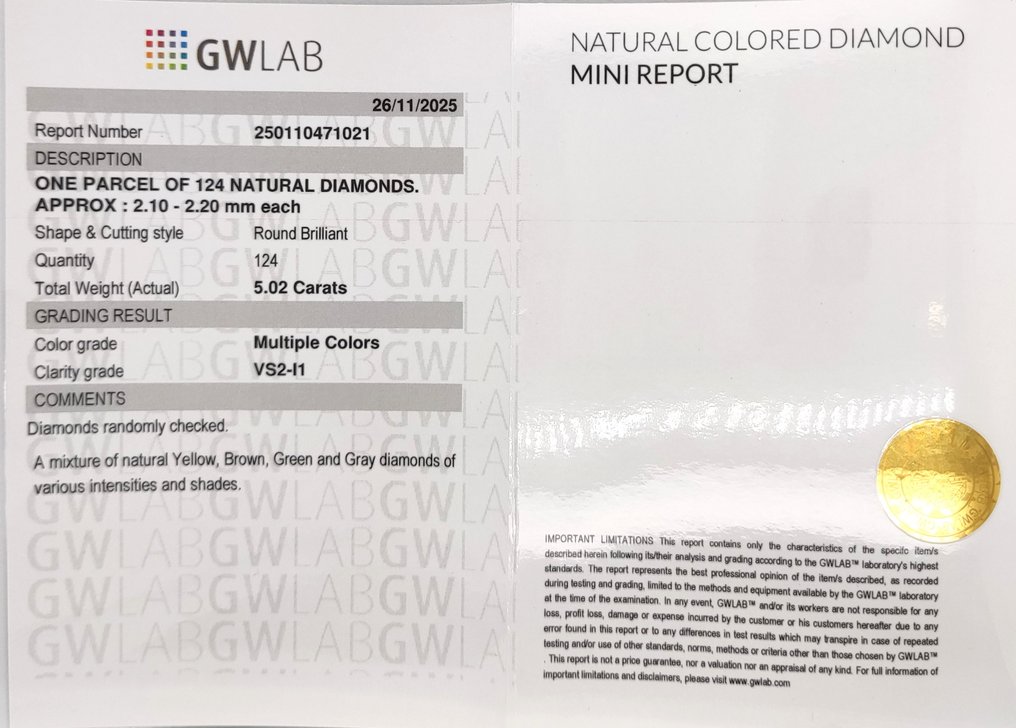 Ei pohjahintaa - 124 pcs Timantti (Luonnonvärinen) - 5.02 ct - Pyöreä Monivärinen - I1, VS2 - Gemewizardin gemologinen laboratorio (GWLab) #3.2