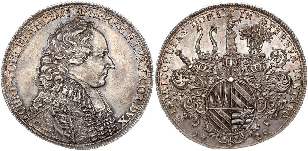 Tyskland, Würzburg, bispedømme. Christoph Franz von Hutten 1724-1729.. Reichstaler 1725, Nürnberg Signatur N (Paul Gottlieb Nürnberger). #1.0