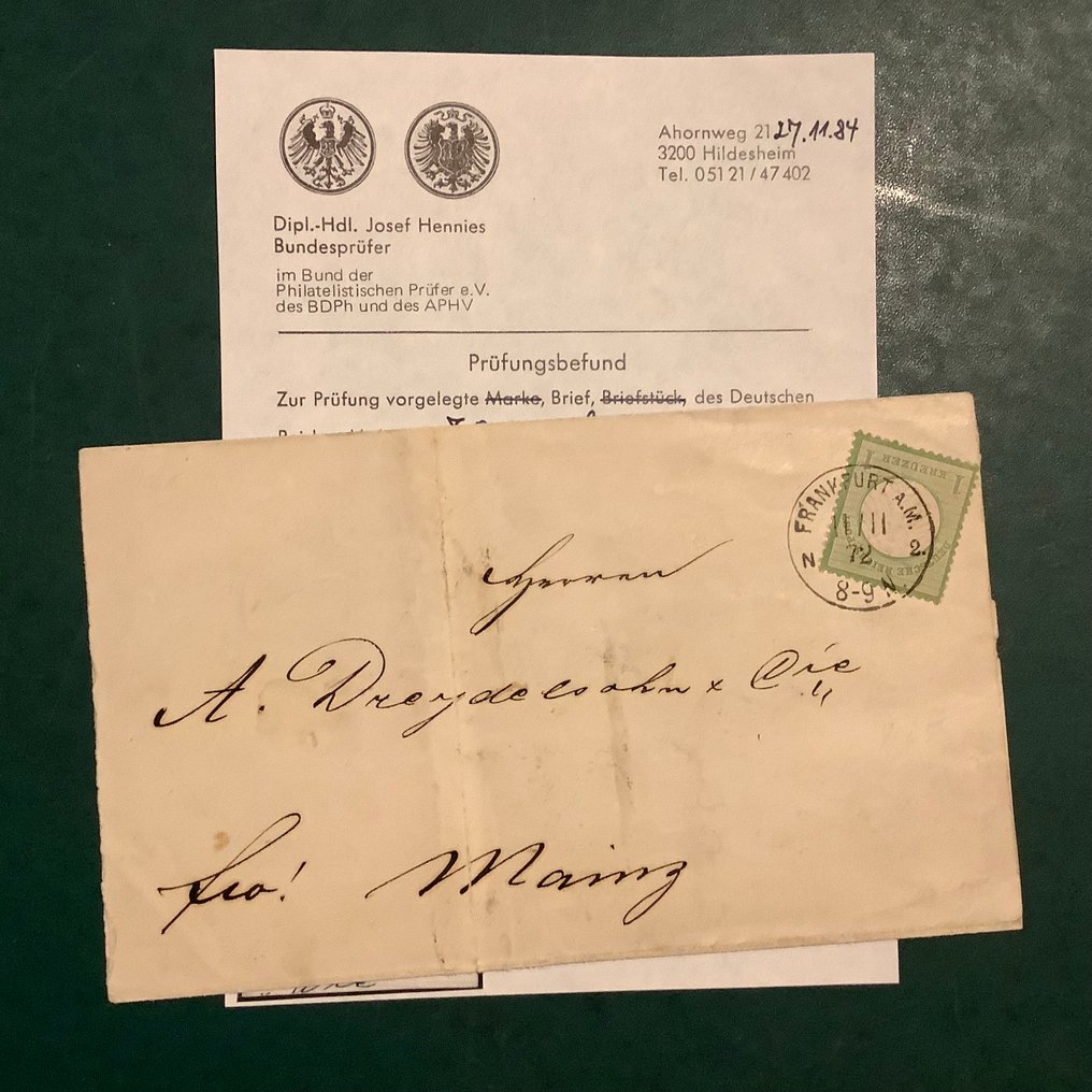 德意志帝國 1872 - 1 Kreuzer Klein Brutschield 相关的信件，附有Hennies的照片证明。 - Michel 7 #1.0