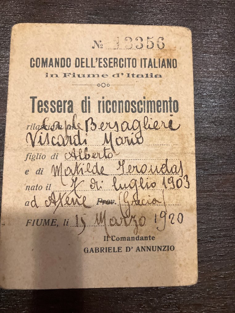 Ιταλία - Army/Infantry - Έγγραφο - D'annunzio - Impresa di Fiume (1919–1920)  Quattro documenti originali – Tessere di riconoscimento e - 1920 #4.3
