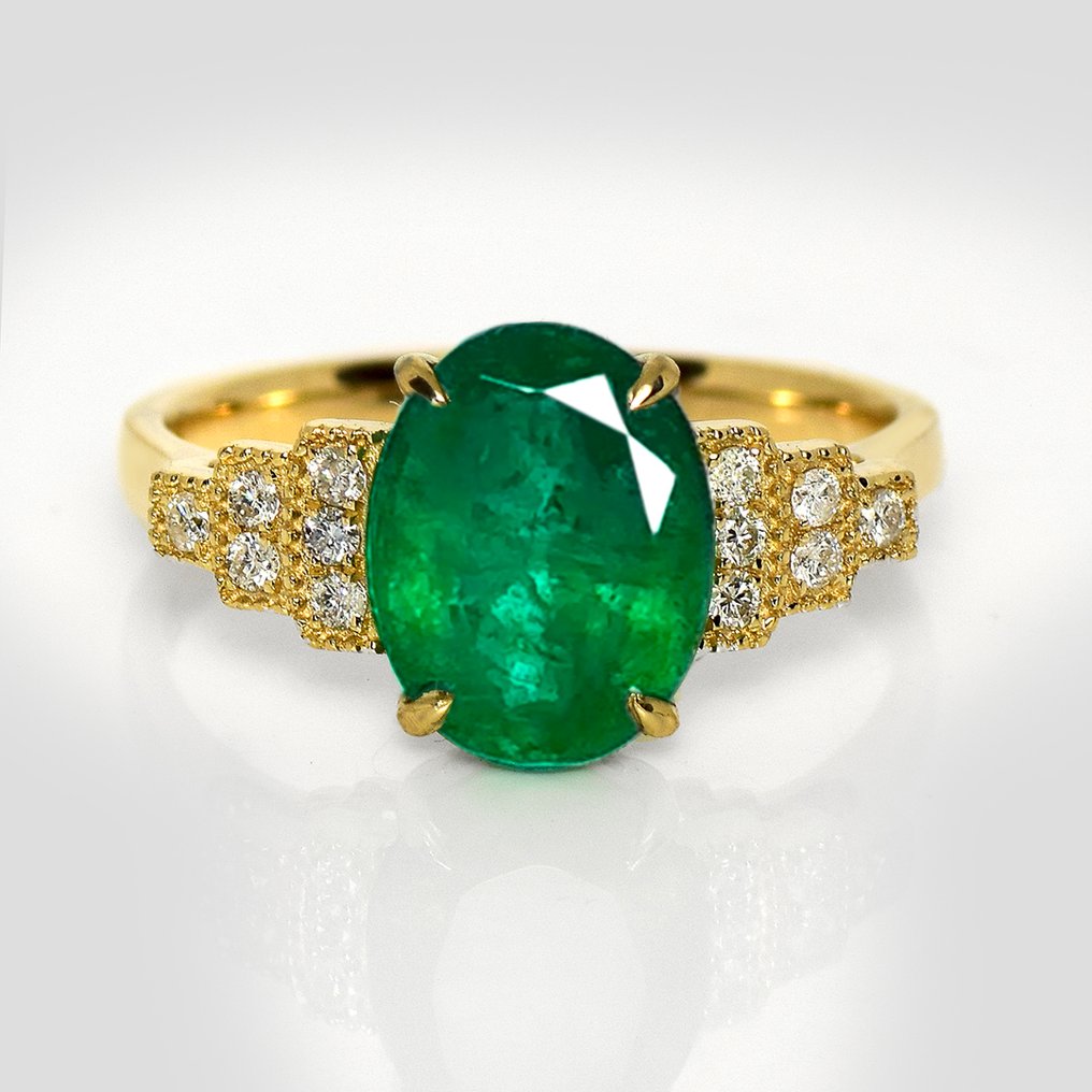 Sans prix de réserve - Bague - 14 carats IGI 2,61 ct ZAMBIA Vert Intense, Or jaune -  2.75ct. tw. Émeraude - Diamant #1.0