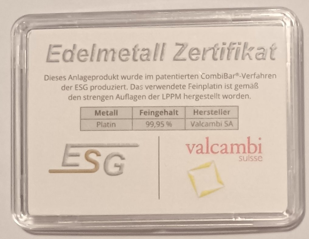 1 gram - Platinum .999 - Valcambi, Switzerland - Sealed & with certificate  (No reserve price) #1.0
