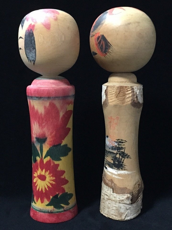 一套两件日本复古木制Kokeshi娃娃（高：24厘米） - 木 - Signed - 日本 - Shōwa period (1926-1989) #2.1
