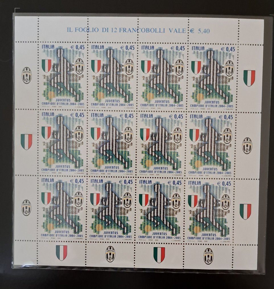 Italy 2005/2005 - Juventus 2004-2005 Italian Champion philatelic set with a sheet of 12 stamps and first-day covers. #2.1