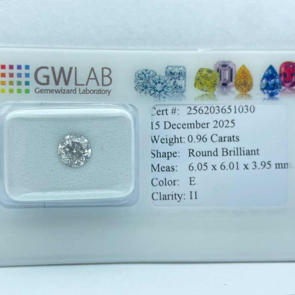 沒有保留價 - 1 pcs 鑽石  (天然)  - 0.96 ct - 圓形 - E(近乎完全無色) - I1 - 沒有實驗室報告 #1.0