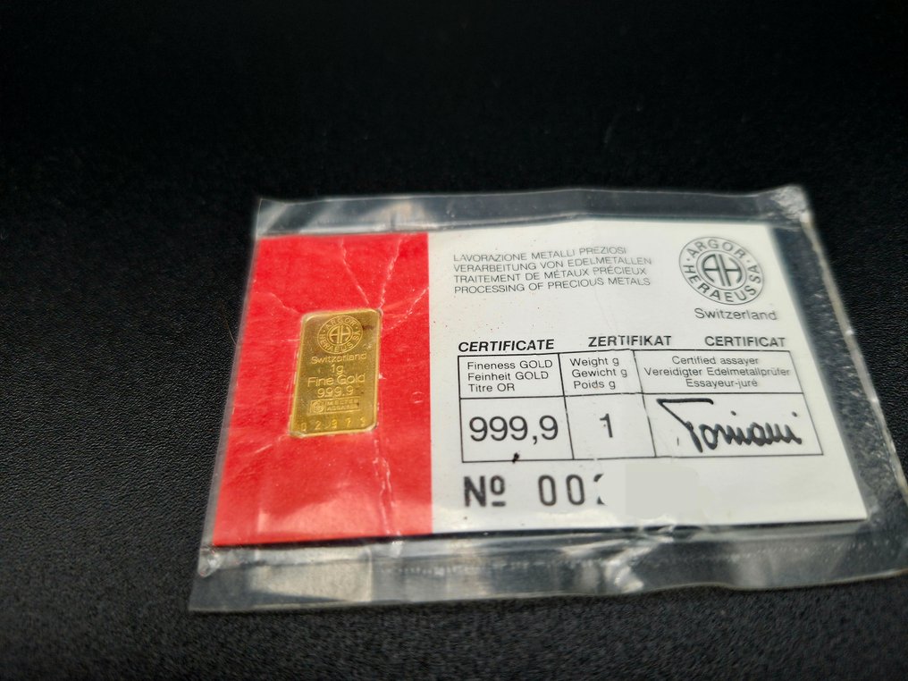 1 gramm - Arany .999 - Argor-Heraeus, Switzerland - Sealed, Sealed & with certificate (Nincs minimálár) #2.1