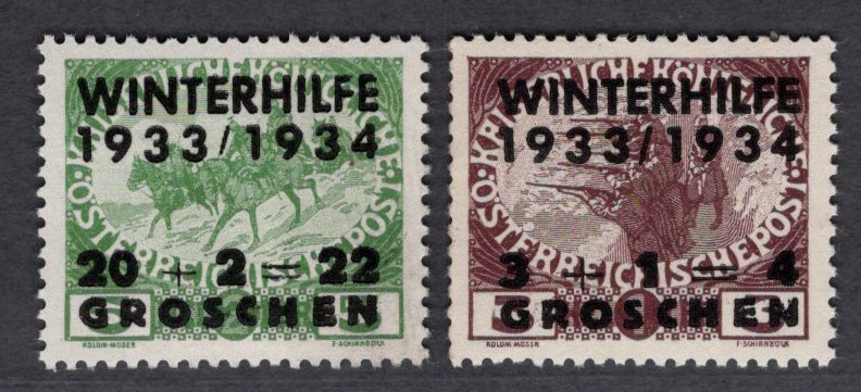 Østrig  - Østrig 1933, to (af tre) uudstedte værdier med 'Winterhilfe - overprint', MNH, sjældne! #1.0